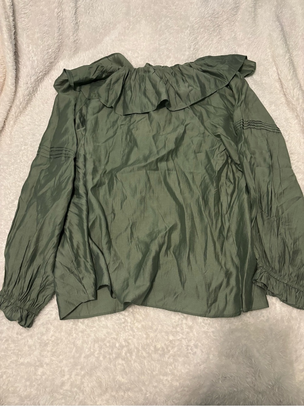 Ruffled Olive Green Long-Sleeve Blouse
